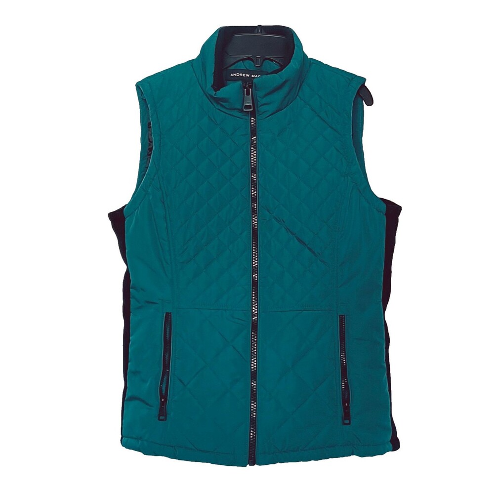 Andrew Marc Women’s M Green/Black Quilted Zip‑Front Vest w/ Pockets
